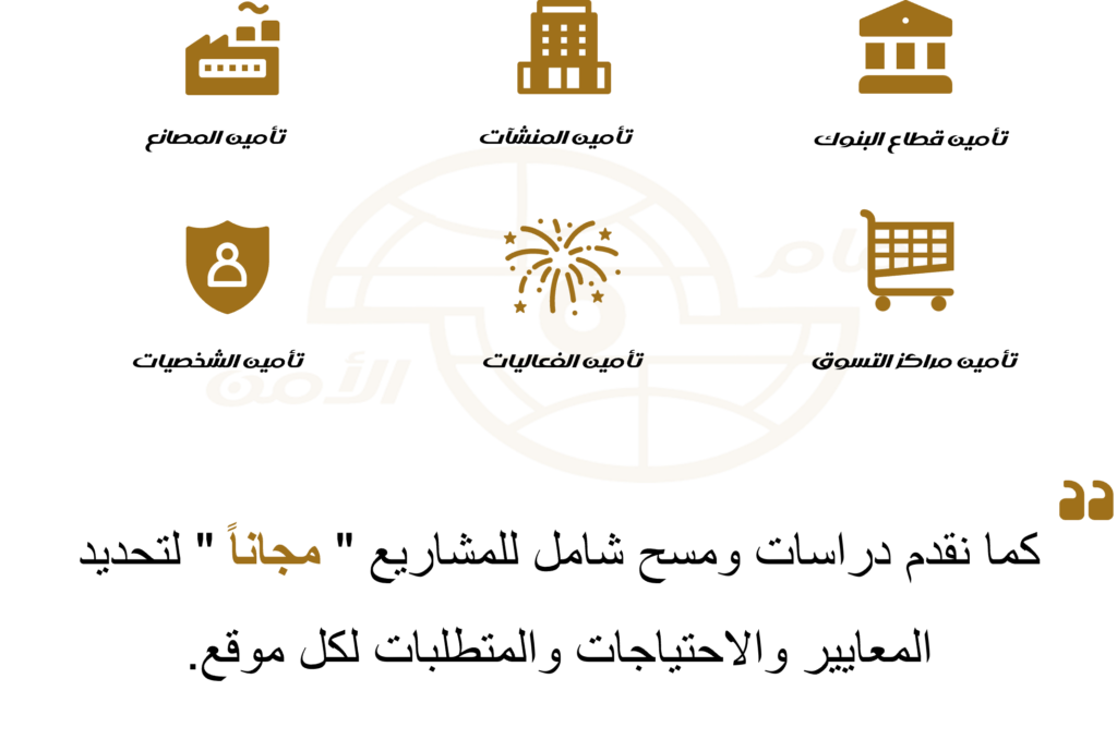 خدمات شركة تمام الأمن: تأمين المصانع، تأمين المنشآت، تأمين قطاع البنوك، تأمين مراكز التسوق، تأمين الفعاليات، تأمين الشخصيات، مع توفير دراسات ومسح شامل للمشاريع مجانًا لتحديد المتطلبات والاحتياجات.